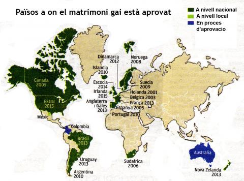 Mapa d'aprovacio dels matrimonis gay a nivell mundial