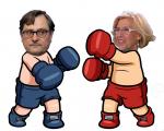 Caricatura de Paco Marhuenda y Manuela Carmena boxejant