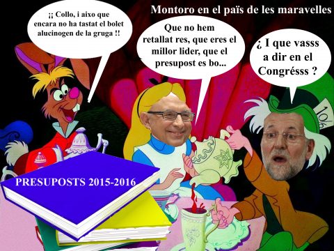 Montoro caracterisat d'Alicia en el Païs de les Maravelles li diu a Rajoy les mentires que va a soltar en el Congrés sobre els presuposts